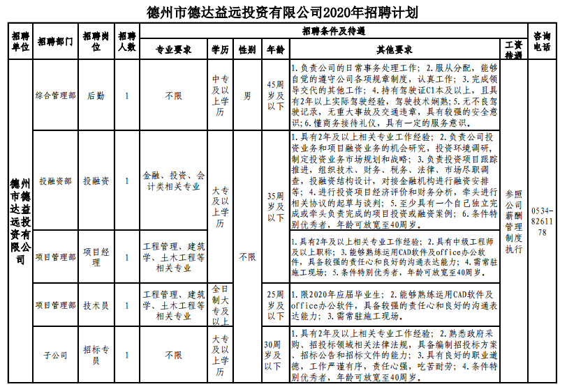 德州市德达益远投资有限公司工作人员招聘公告