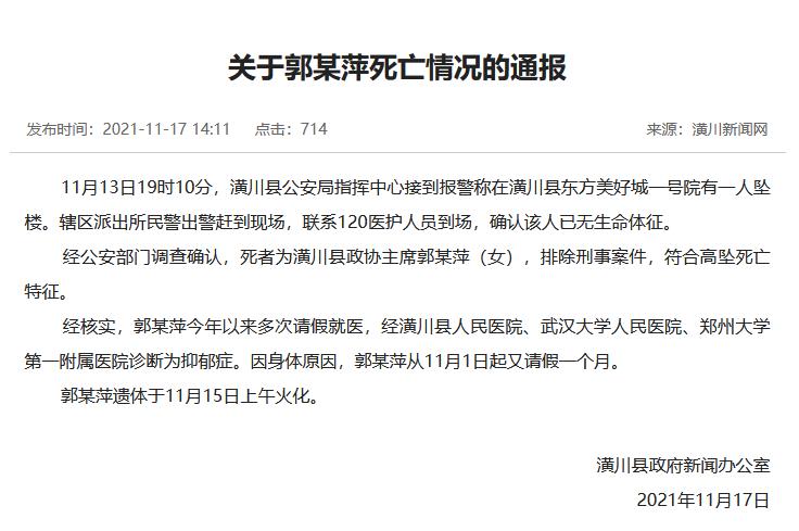 河南潢川通报县政协主席患抑郁症坠亡 生前多次请假就医 海报新闻