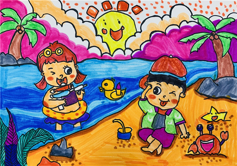 儿童画海边早晨图片