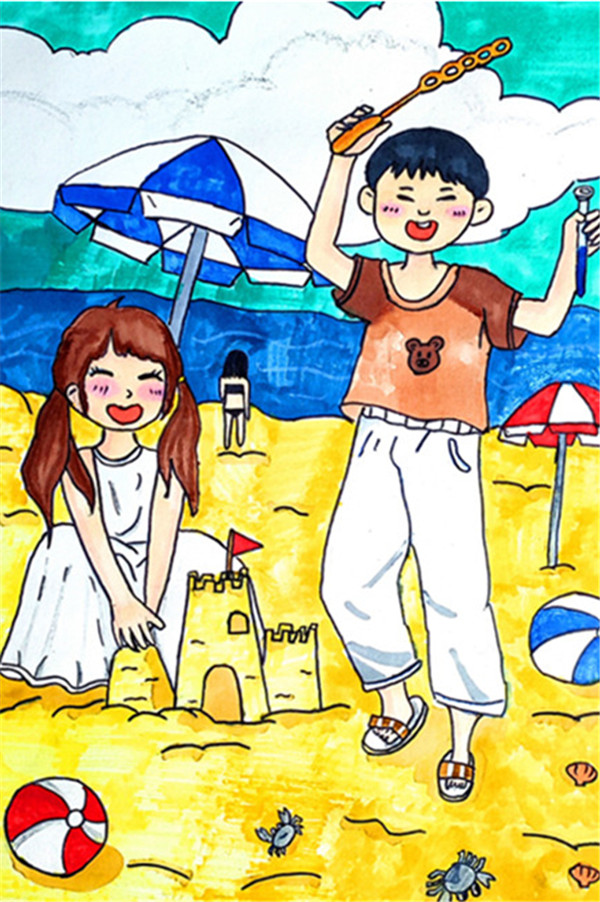 海边沙滩儿童画一等奖图片
