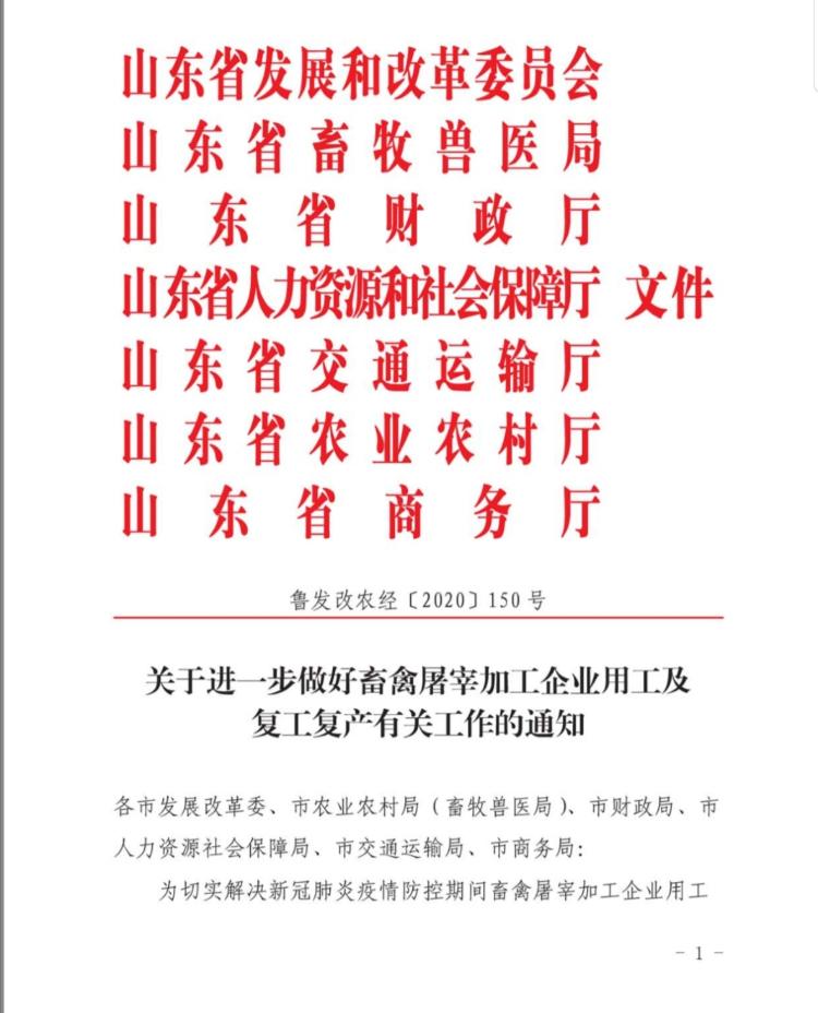 七部门发文山东将为畜禽屠宰加工企业复工设服务专员