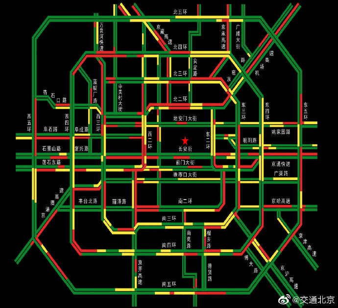 北京全路网交通指数6.9，城市路网整体压力处于中度拥堵级别@北京全路网交通指数6.9，城市路网整体压力处于中度拥堵级别