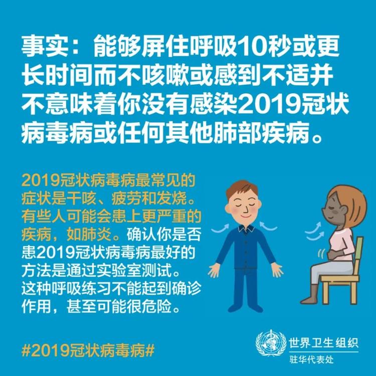 [世界卫生组织微信公众号]憋气10秒不咳嗽就没感染病毒？世卫组织答疑来了