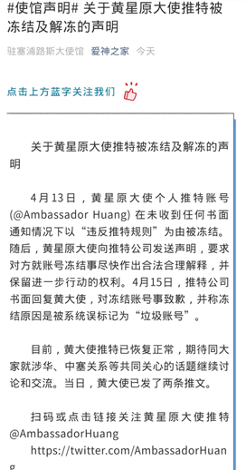 「环球网」中国驻塞浦路斯大使账号被冻结，推特致歉：误标为垃圾账号