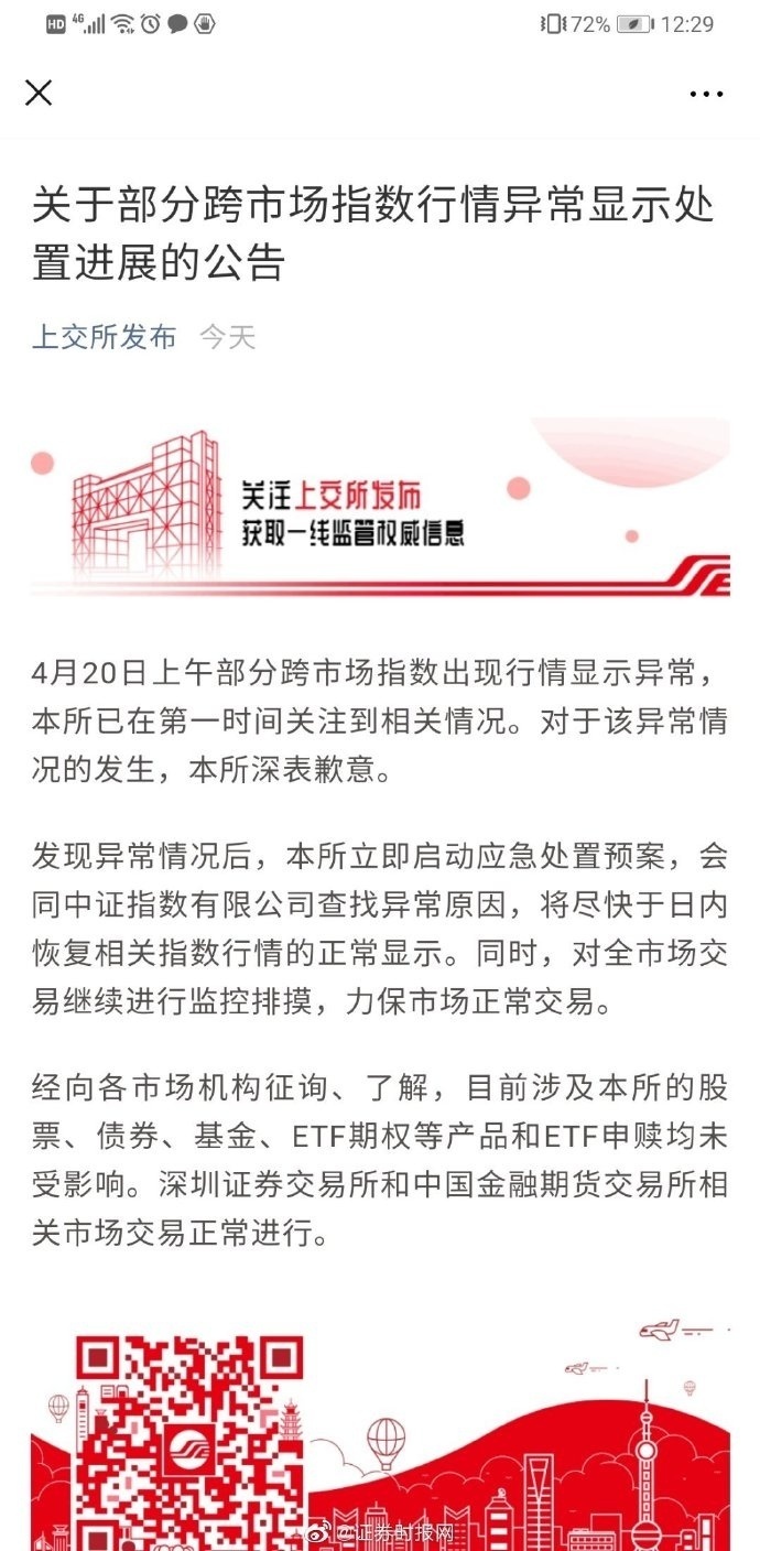 『上交所发布』上交所就今早部分跨市场指数行情显示异常致歉