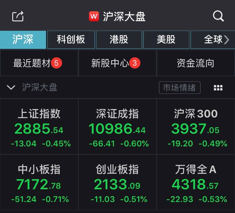 中新经纬超2600股飘绿，两市震荡走低：沪指半日跌0.45%