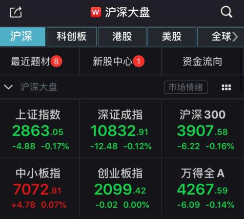 中新经纬沪指低开0.17%报2863.05点，1217股上涨