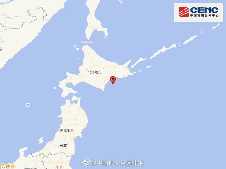 央视新闻客户端震源深度90千米，日本北海道附近海域发生5.4级地震