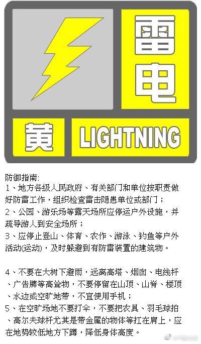 北京市北京发布雷电黄色预警信号 局地短时雨强较大