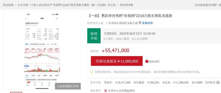 北京日报终止上市后，贾跃亭2210万股乐视网股票被拍卖