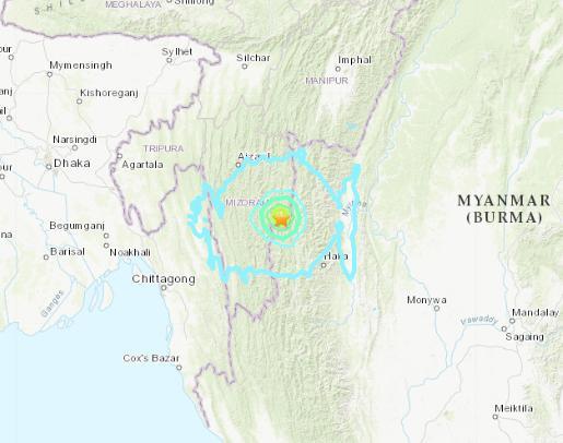 中新网震源深度8.9千米，印度米佐拉姆邦发生5.8级地震