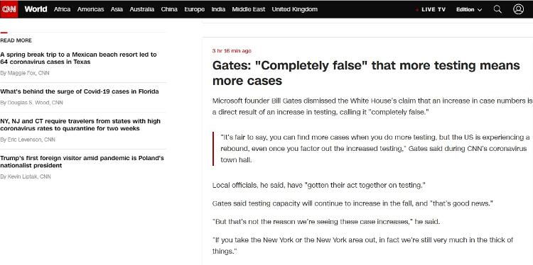 环球网美国病例增加是因为检测多？比尔·盖茨：完全错误
