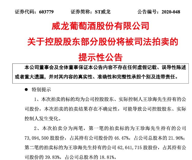 大众报业·海报新闻|财鑫闻丨实控人股权被拍卖丢掉公司控制权，ST威龙能否走出困境？