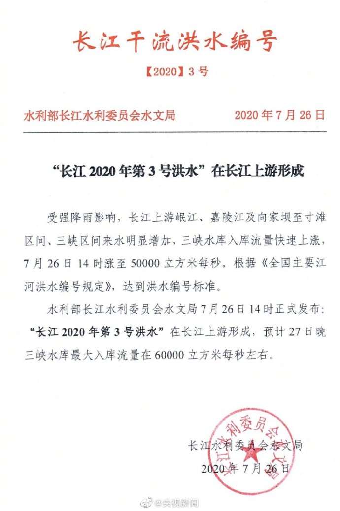 【】提高警惕！“长江2020年第3号洪水”在长江上游形成