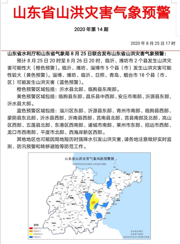 大众报业·海报新闻|山东发山洪灾害气象预警临沂、潍坊、淄博等市的这些地区要注意