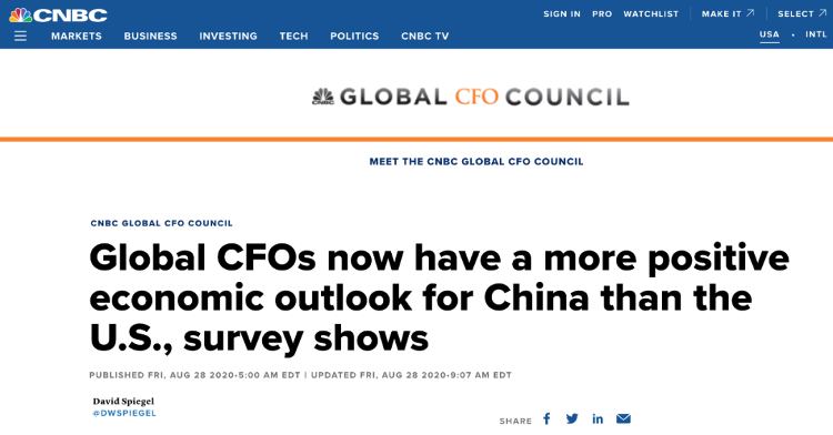 历史上首次：大量全球高管认为，与美国相比更看好中国经济