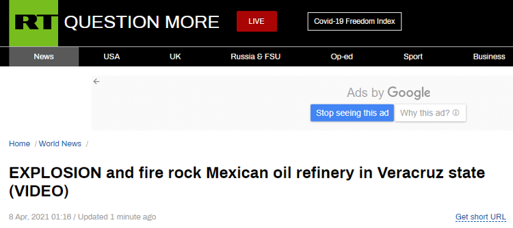 墨西哥一炼油厂突发大火，现场浓烟滚滚、爆炸声不断