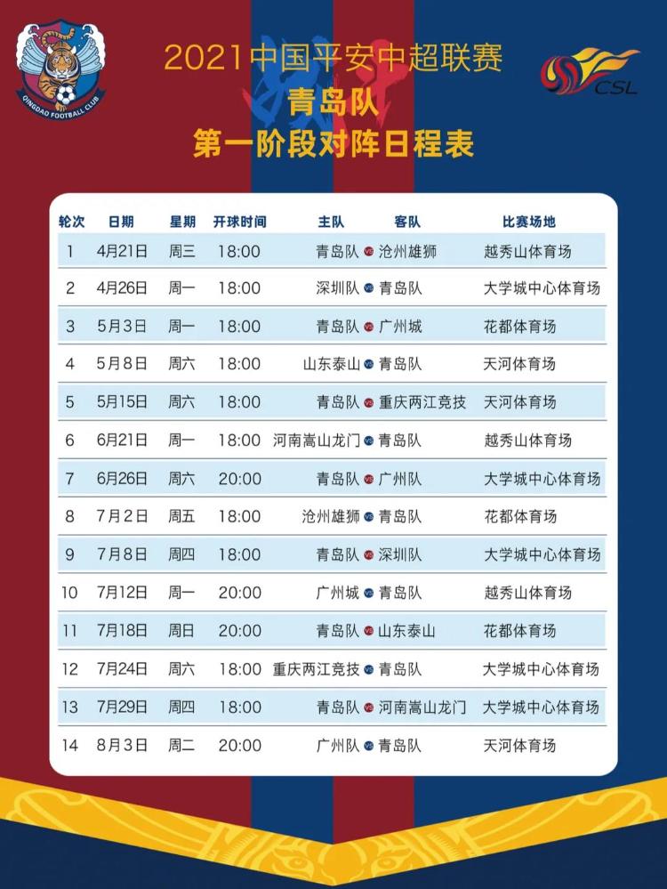 2021中超第一阶段赛程公布 青岛队首战将迎沧州雄狮