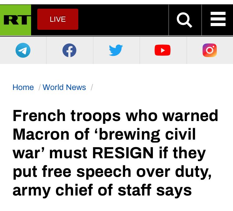 法国军人致信马克龙警告国家在“酝酿内战”，军队总参谋长：这些人应该先辞职！