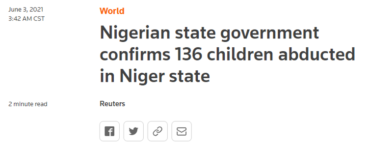 外媒：尼日利亚武装匪徒袭击的学校中 遭绑架儿童数量确定为136人
