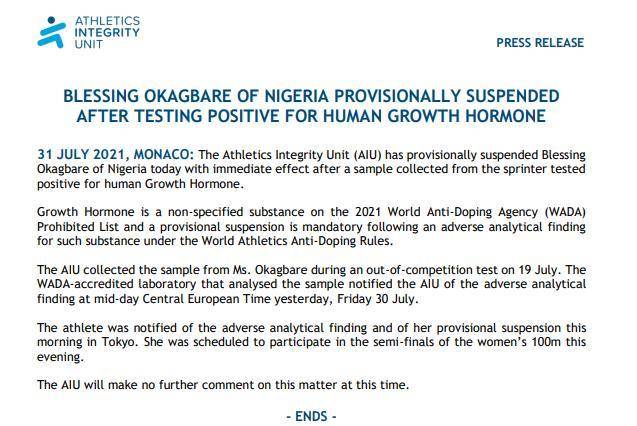 尼日利亚一短跑选手未能通过药检，暂时被禁止参加东京奥运会