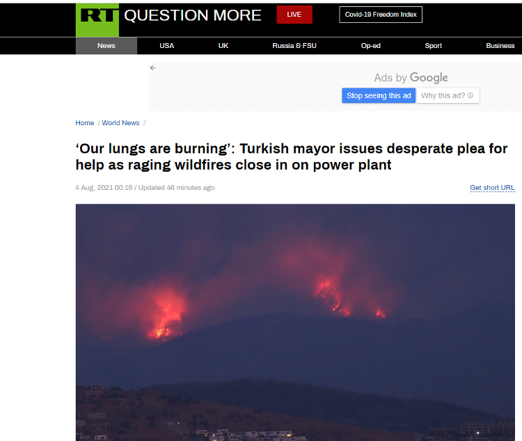 土耳其山火持续肆虐逼近发电厂，当地市长发出绝望恳求：“我们的肺在燃烧”