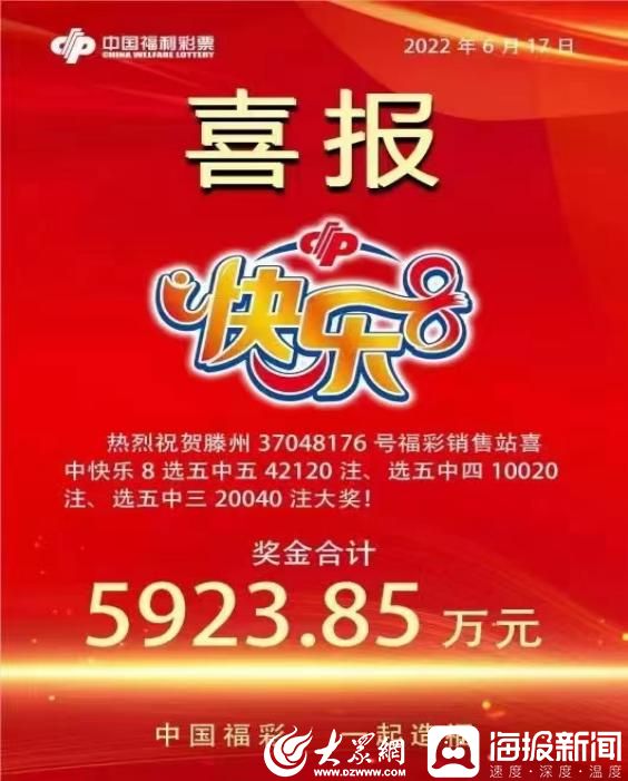 592385万滕州市彩民喜中福彩快乐8合买大奖